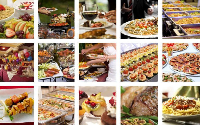Buffet-Varianten. Eine Collage von verschiedenen Buffet-Varianten von Al-Layal-Catering, die eine vielfältige Auswahl an Speisen präsentiert.