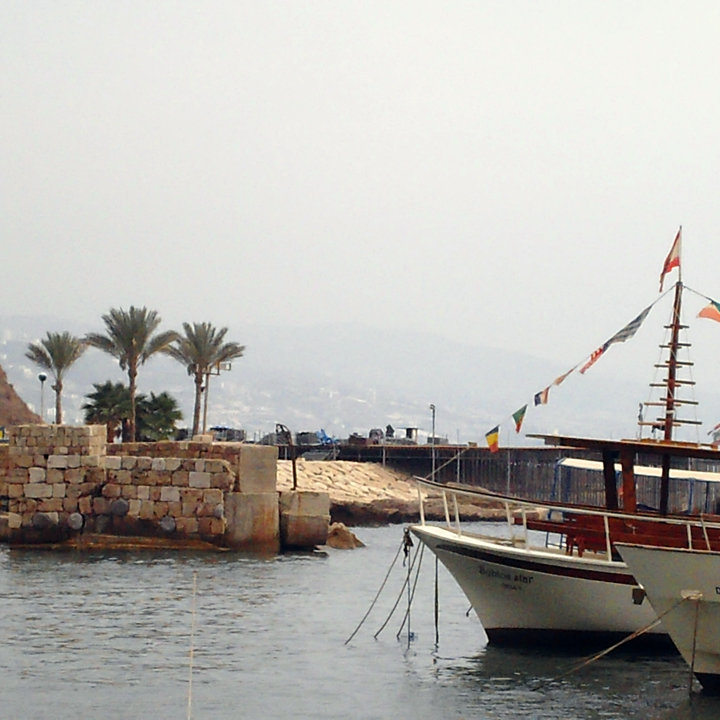 Hafen mit einem Schiff, Palmen und einer Steinmauer im Hintergrund.