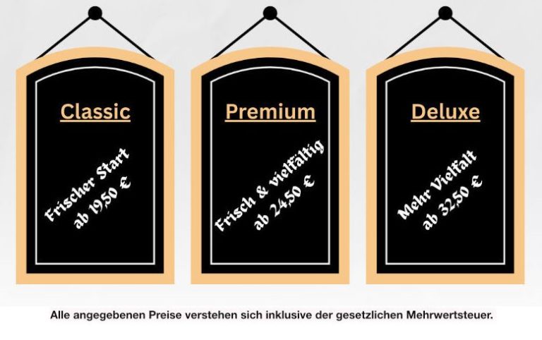 Paket-Angebote. Drei Speisekarten für die Angebots-Pakete Classic, Premium und Deluxe von Al-Layal in Berlin & Brandenburg.