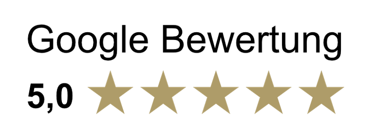 Unsere 5-Sterne-Google-Bewertung. Google-Bewertung von 5,0 von 5 Sternen für Al-Layal Catering in goldener Schrift.