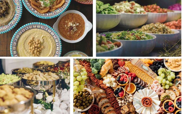Speisen & Menüs. Eine Collage von Speisen & Menüs von Al-Layal, mit orientalischen, europäischen, vegetarischen und veganen Gerichten.